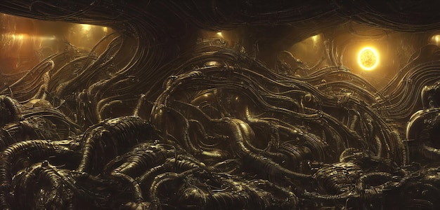 Xenomorfos de naves alienígenas extraterrestres de origem extraterrestre O interior da espaçonave o painel de controle longos corredores ilustração 3d