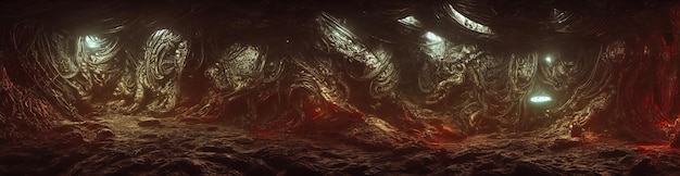 Xenomorfos de naves alienígenas extraterrestres de origem extraterrestre O interior da espaçonave o painel de controle longos corredores ilustração 3d