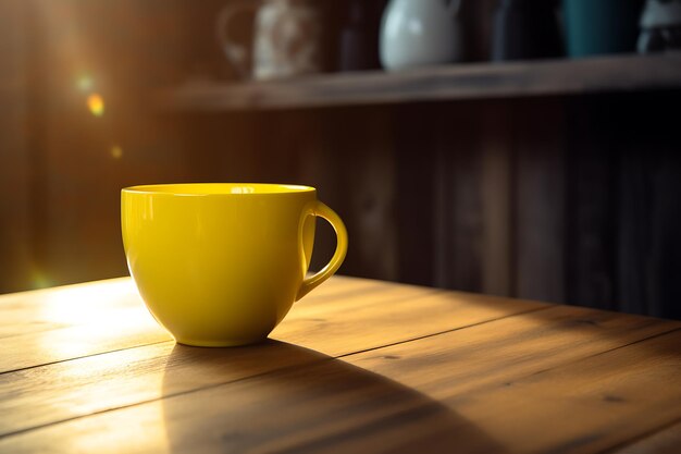 Xícara Ai GenerativeYellow com café na cozinha escura