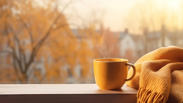 Xícara amarela com café perfumado perto da janela em um dia de outono. Foto de alta qualidade