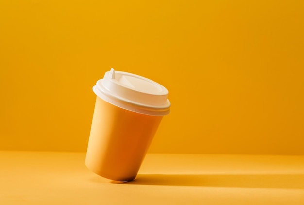 Xícara amarela para café em um fundo amarelo com sombra