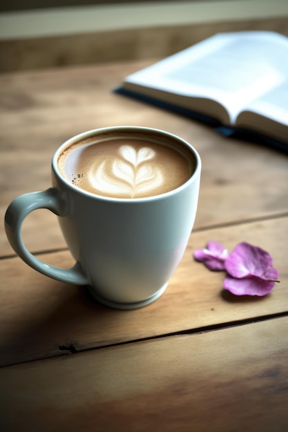 Xícara branca com café com leite e pétalas em mesa de madeira criada usando tecnologia generativa de IA