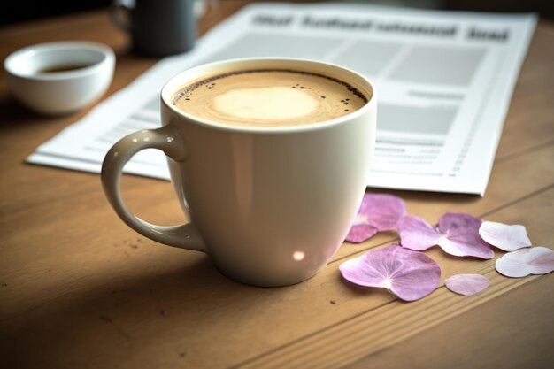 Xícara branca com café com leite e pétalas em mesa de madeira criada usando tecnologia generativa de IA