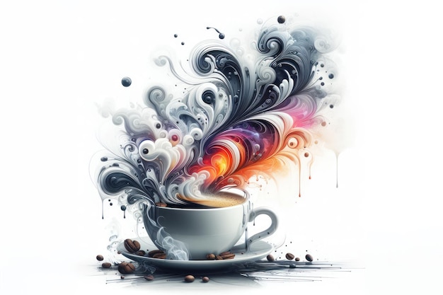 xícara cheia de café expresso com fumaça em um fundo branco