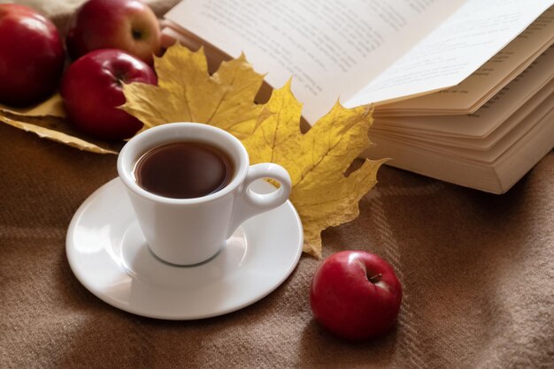 Xícara com chá de ervas quente perto do estilo hygge de outono de livro aberto