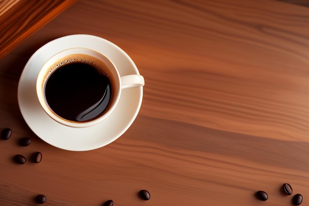 Xícara de bebida quente de café expresso com feixe de café na guia de cozinha de madeira