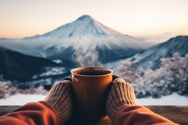 Xícara de bebida quente em uma manhã ventosa de inverno generativa ai
