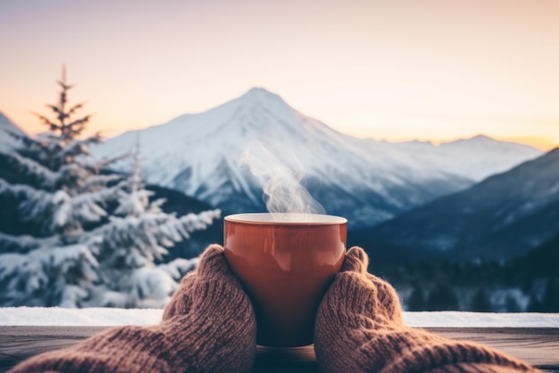 Xícara de bebida quente em uma manhã ventosa de inverno generativa ai