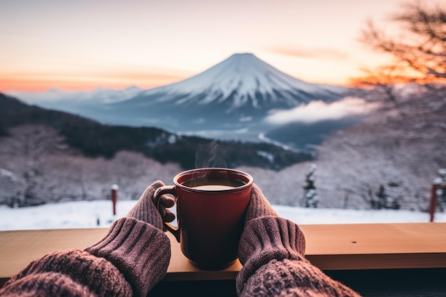 Xícara de bebida quente em uma manhã ventosa de inverno generativa ai