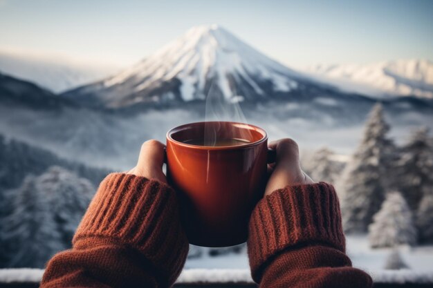 Xícara de bebida quente em uma manhã ventosa de inverno generativa ai