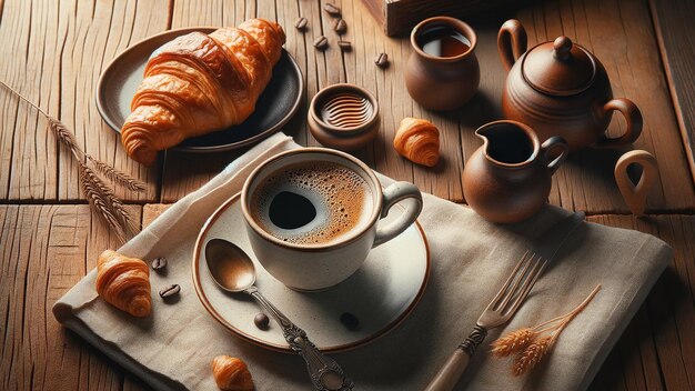 xícara de café a vapor e um croissant recém-cozido em um prato colocado sobre uma mesa de madeira