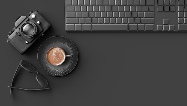 Xícara de café ao lado da câmera, teclado e óculos em um fundo preto, ilustração 3D