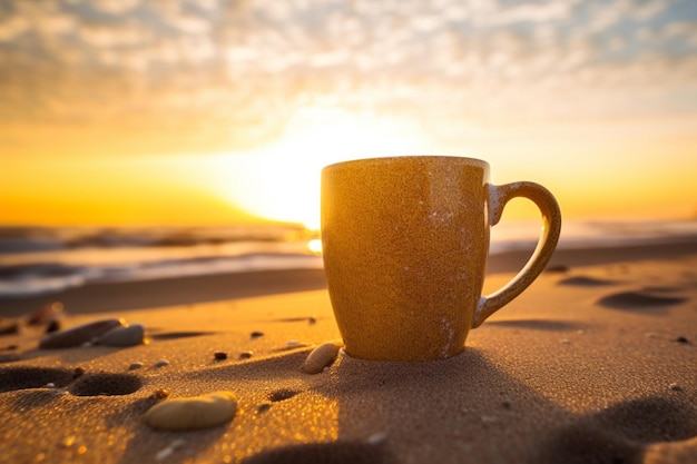 Xícara de café Arafed sentada em uma praia arenosa ao pôr do sol generativa ai