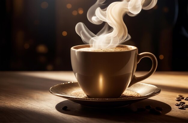 Foto xícara de café aromático quente com fumaça em fundo marrom escuro e aconchegante com grãos belo brilho