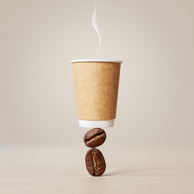 Xícara de café balançando em grãos de café. Maquete de uma xícara de café em um fundo bege.
