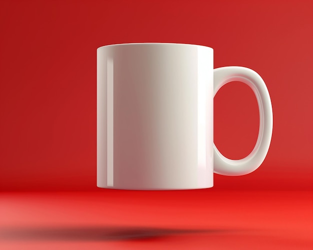 xícara de café branca arrafada em um fundo vermelho com uma parede vermelha generativa ai