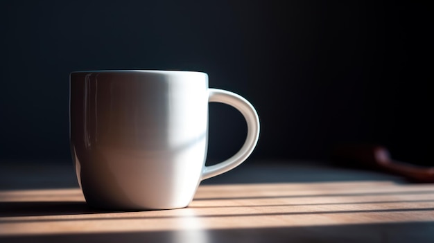 Xícara de café branca sentada em cima da mesa de madeira ao lado da parede preta Generative AI