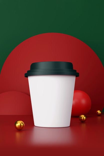 Foto xícara de café branca sobre fundo verde e vermelho. ilustração 3d