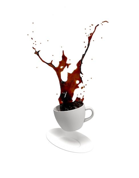 Xícara de café caindo na ilustração 3 d de fundo branco