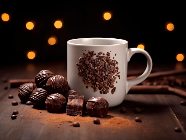 Xícara de café com bombons de chocolate na mesa de madeira e luzes no backgroundAI gerado