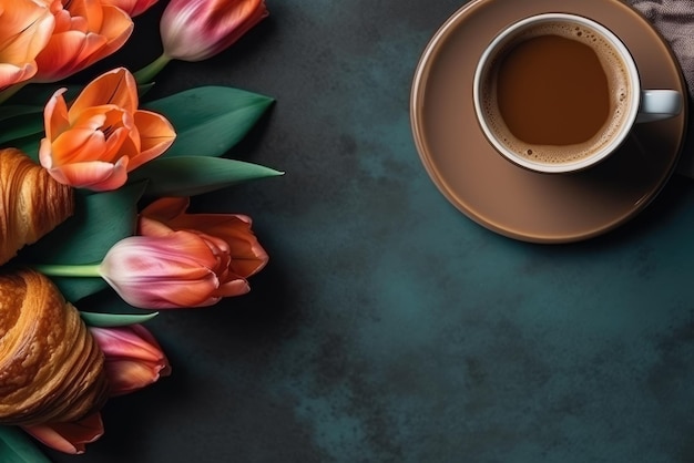 Xícara de café com croissant e tulipas frescas Generative AI