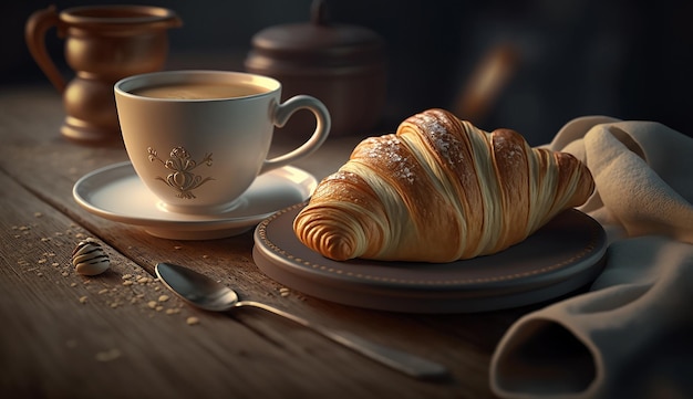 Foto xícara de café com croissant pausa para o café na mesa de madeira ia generativa