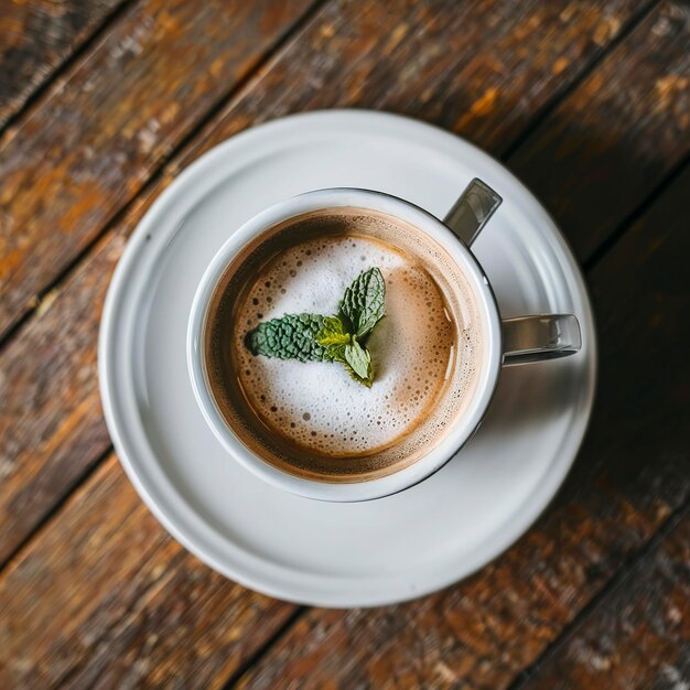 xícara de café com espuma e um galho de hortelã