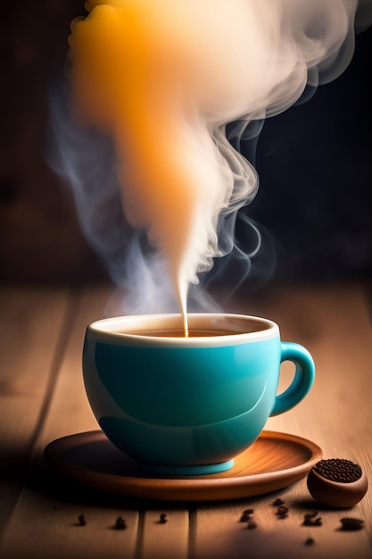 Foto xícara de café com fumaça colorida