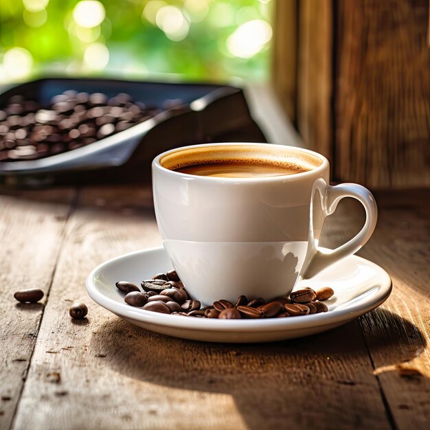 xícara de café com grãos de café em um fundo de mesa de madeira