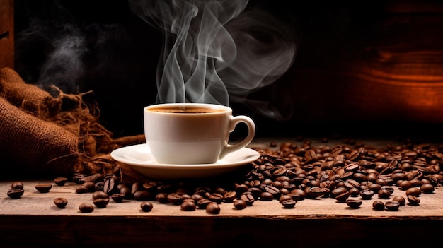 xícara de café com grãos de café na mesa de madeira AI generativa