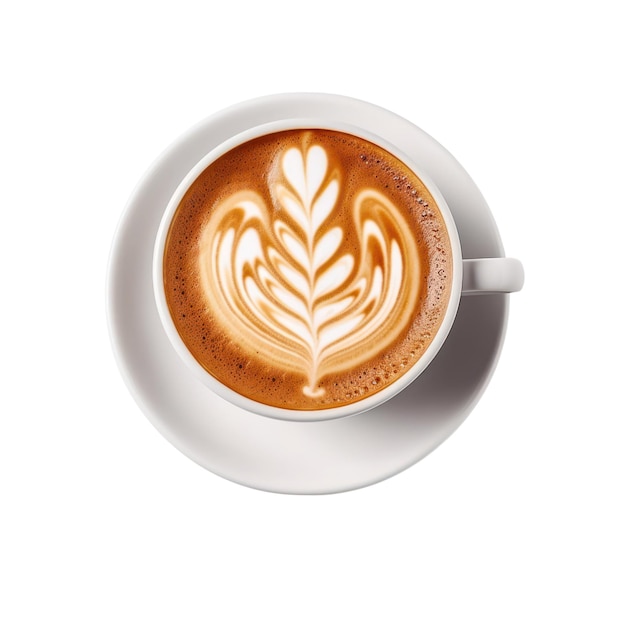 Xícara de café com leite cappuccino em forma de coração bebida quente isolada na vista superior branca Generative AI