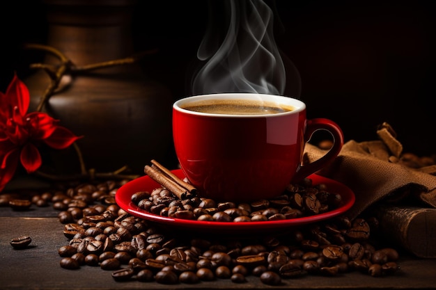 Xícara de café com leite com formato de coração e grãos de café em fundo de madeira velho