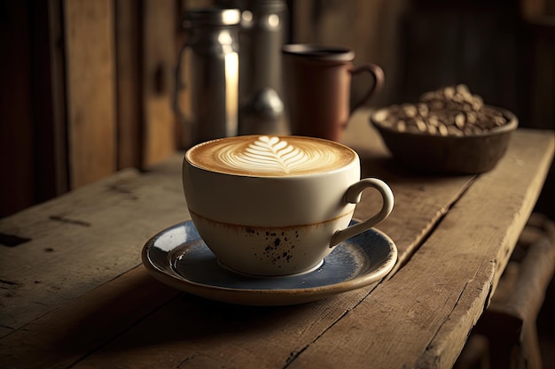 Xícara de café com leite em uma barra de madeira