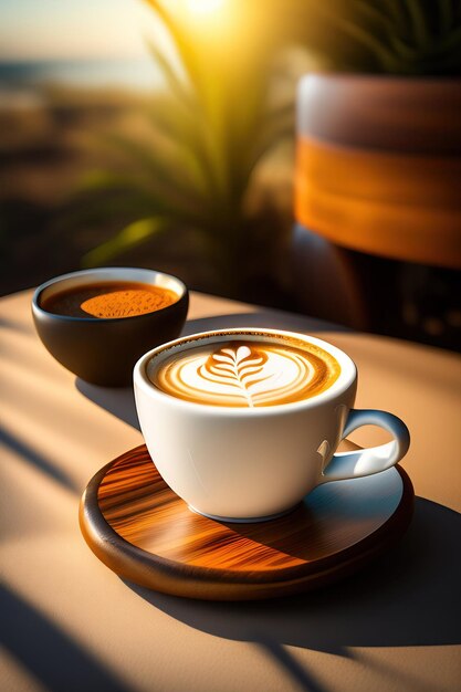 Xícara de café com leite quente com espuma de leite de arte latte de cachorro pug fofo na mesa de madeira clara com luz solar da manhã