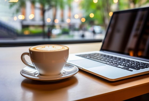 Xícara de café com leite trabalhando no computador Conceito do dia mundial do café gerado ai