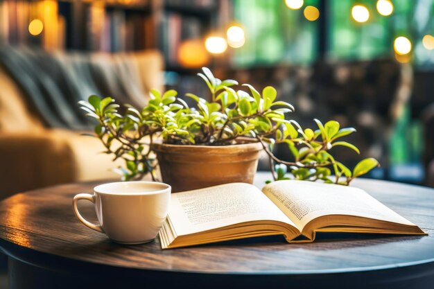 Xícara de café com livro aberto em pequena mesa de madeira no interior aconchegante da biblioteca ou livraria café
