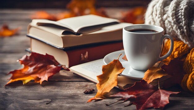 Xícara de café com livros, folhas de outono e cachecol de malha em fundo de madeira Ai Generated