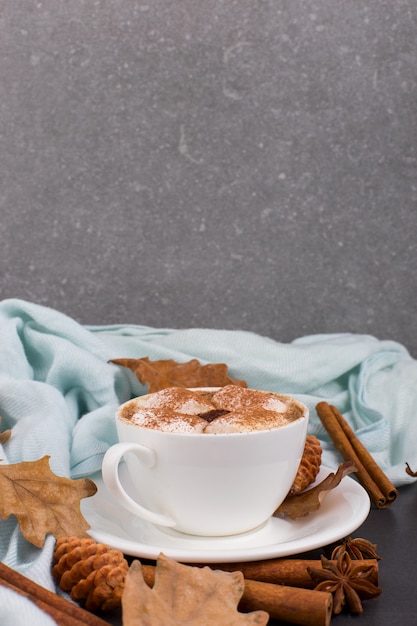 Xícara de café com marshmallows, cacau, cachecol, folhas, laranjas secas, especiarias, sobre fundo cinzento. Deliciosa bebida quente de outono, humor de manhã. copyspace.