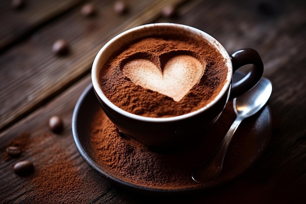 xícara de café com o chocolate em pó em forma de coração