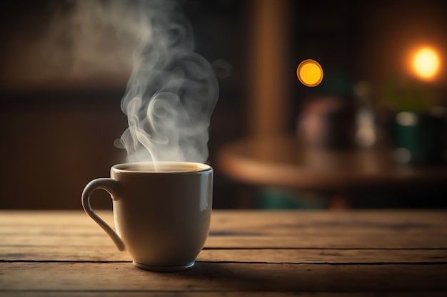 Xícara de café com vapor na mesa de madeira Gerado por Ai