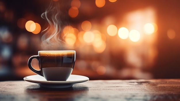 Xícara de café com vapor no balcão do bar contra a cafeteria no fundo do bokeh da manhã