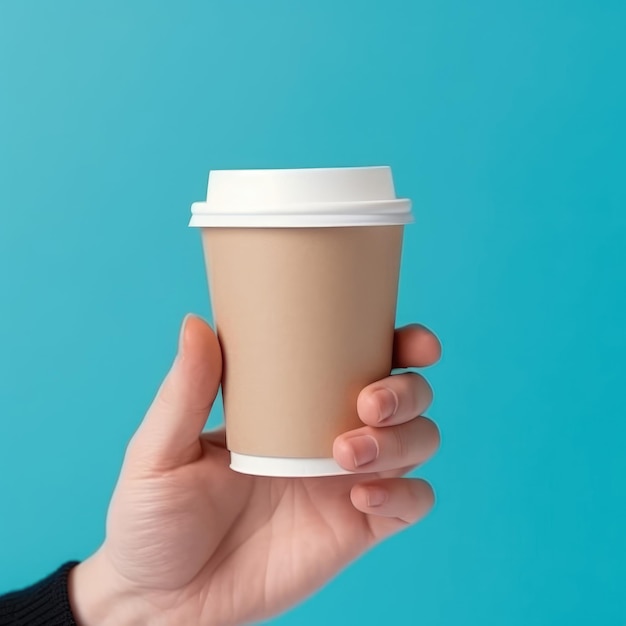 Xícara de café de papel na mão isolada em um fundo azul IA generativa