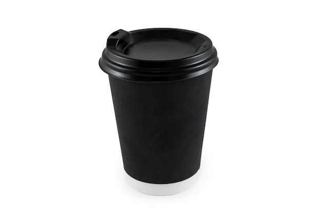 Xícara de café de papel preto em branco isolado. Copo de café de papel em branco descartável para take away ou para ir para logo do aplicativo, espaço para layout do projeto.