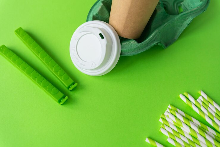 Foto xícara de café descartável ecológica com tiras de silicone verde e palhinhas de papel material biodegradável