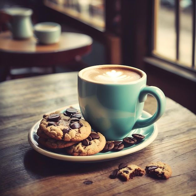 Xícara de café e biscoito na cor vintage da cafeteria