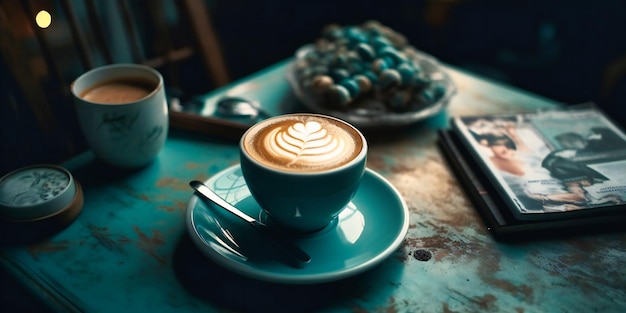 Xícara de café e café com leite com telefone na mesa