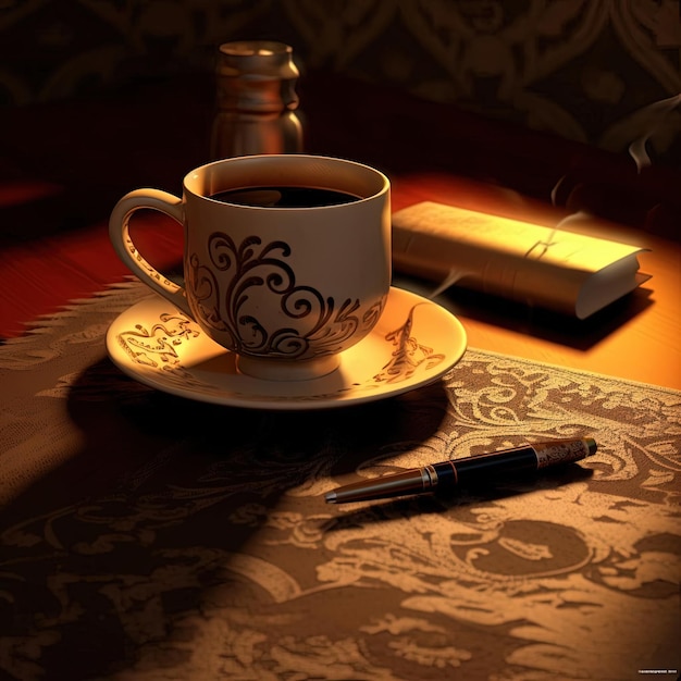 xícara de café e caneta na mesa