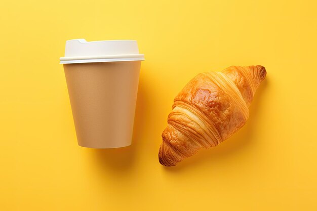 Xícara de café e croissant em fundo colorido maquete de design plano