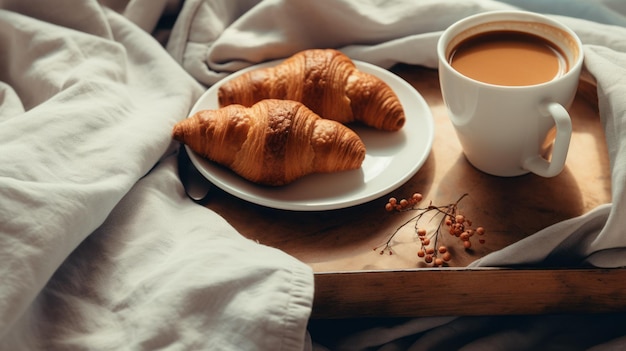 xícara de café e croissant na bandeja na cama