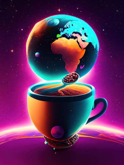 xícara de café e figura do mundo abstrato em estilo neon